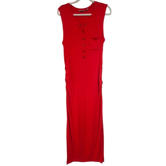 Athleta Red Sleeveless Henley Maxi Dress W/ Pocket Size L Ribbed Knit Tank Style - Picture 1 of 13